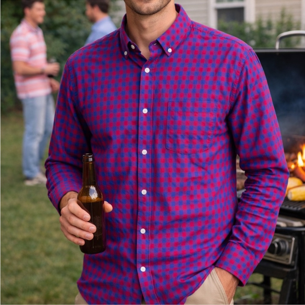 Club Room Blue and Red Checkered Pattern Casual Shirt